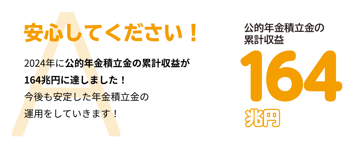 安心してください！ 2024年に公的年金積立金の累計収益が 164兆円に達しました！今後も安定した年金積立金の運用をしていきます！公的年金積立金の累計収益 164兆円