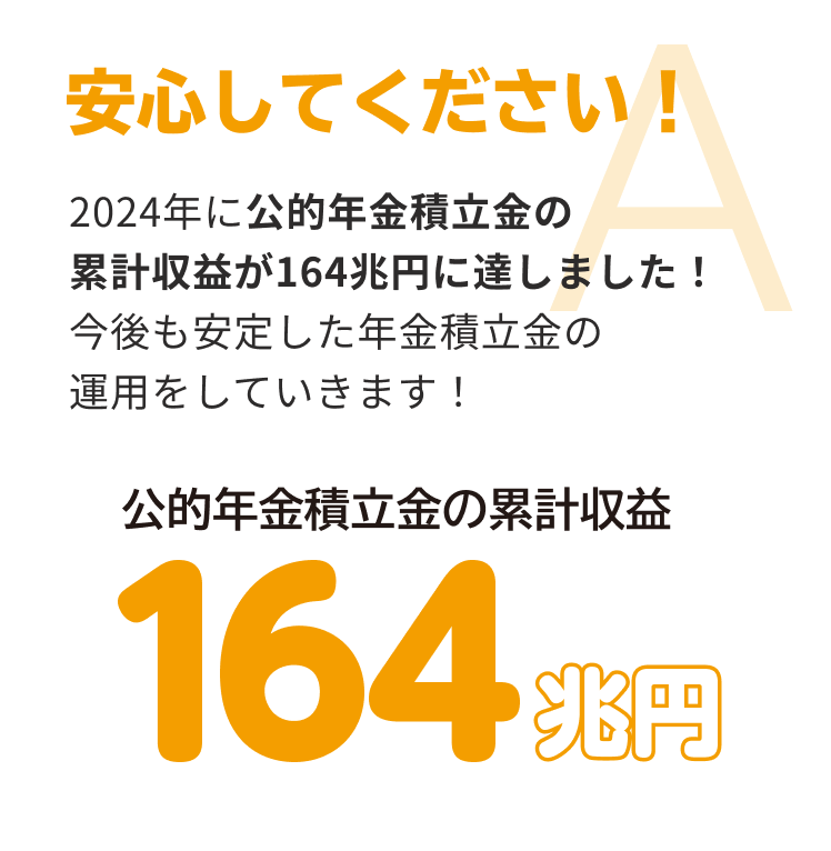 安心してください！ 2024年に公的年金積立金の累計収益が 164兆円に達しました！今後も安定した年金積立金の運用をしていきます！公的年金積立金の累計収益 164兆円